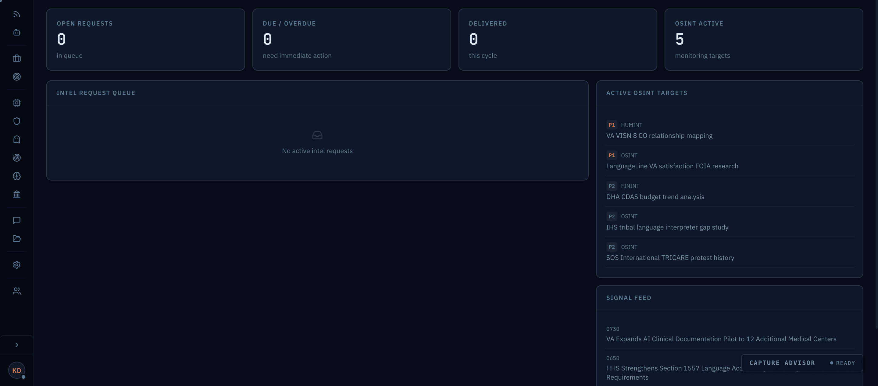 Lex Civis workspace — The same workspace, as the Intel Analyst