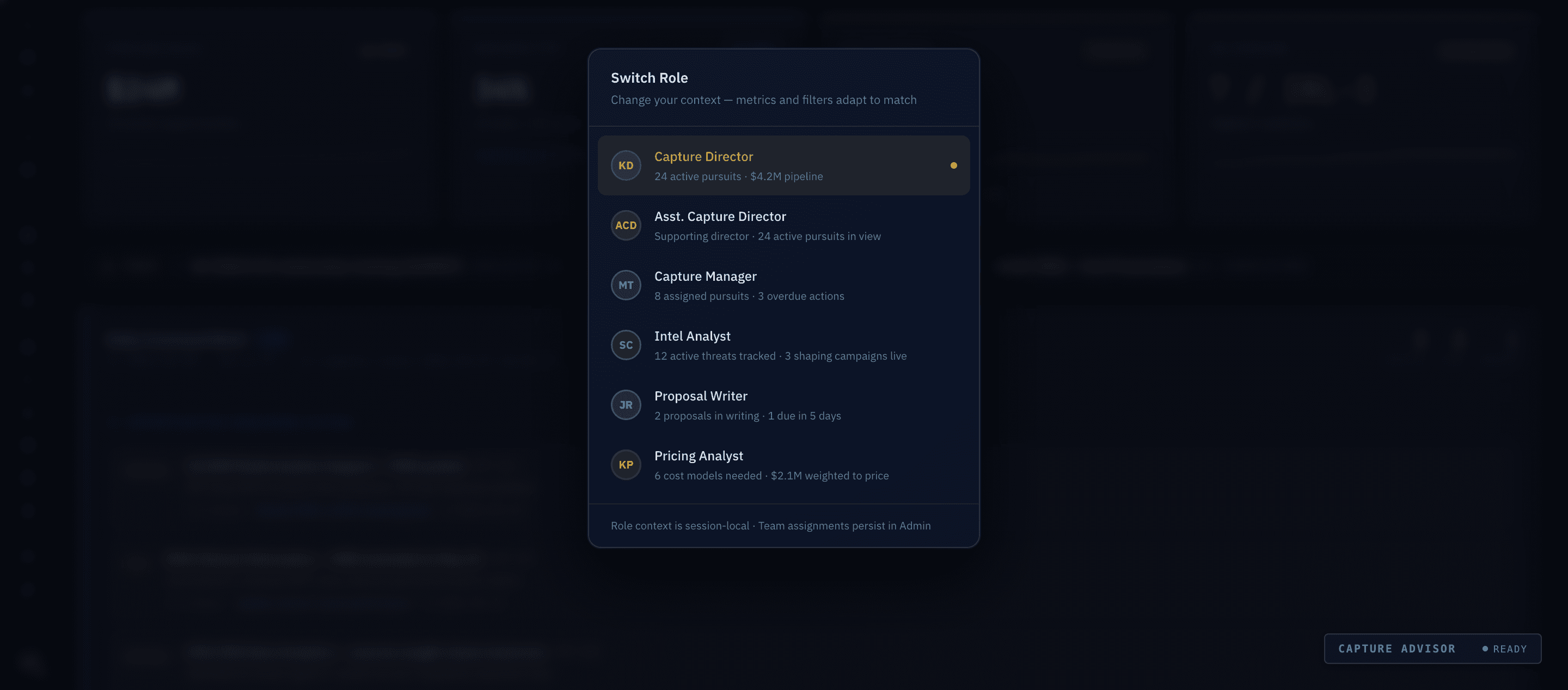 Lex Civis workspace — Switch role — metrics adapt