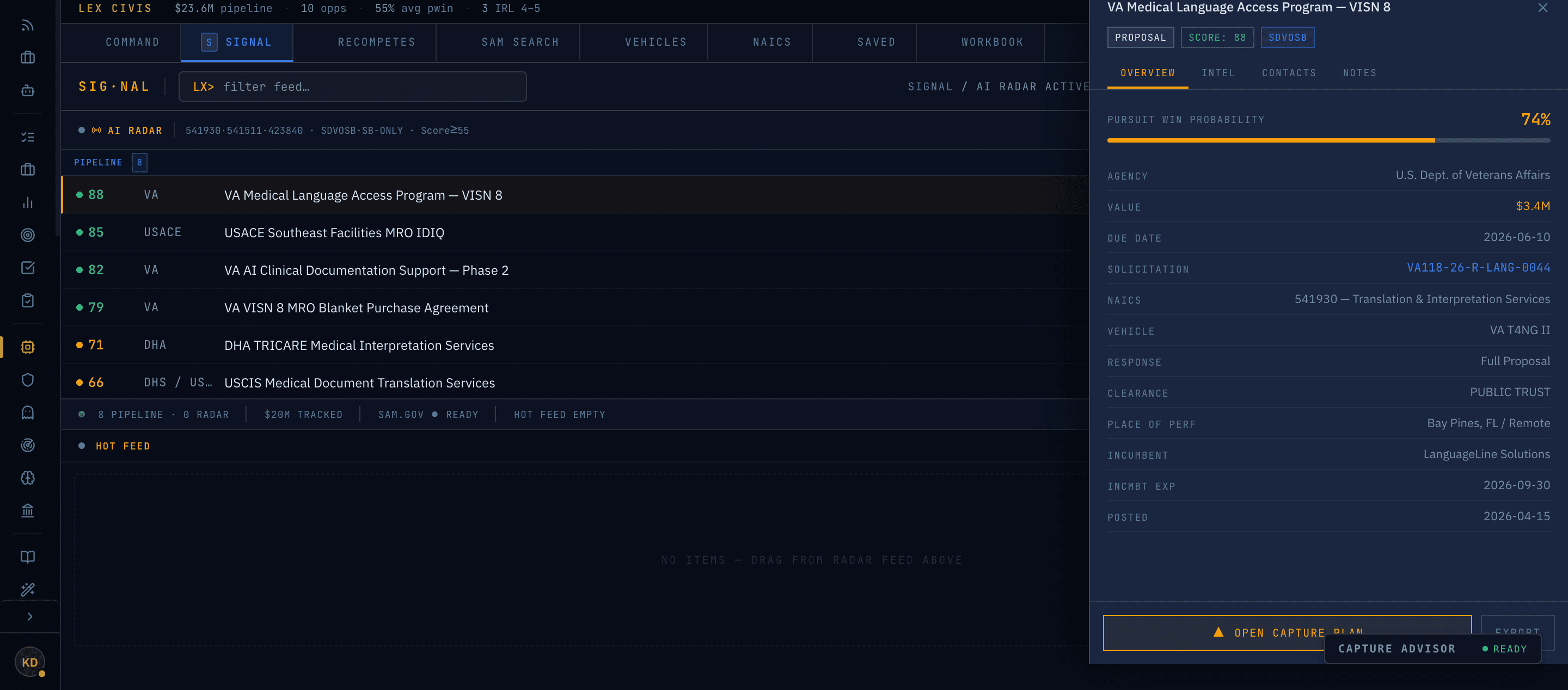 A signal clicked open in the Lex Civis Intel Terminal, showing PWIN, incumbent, and solicitation detail.