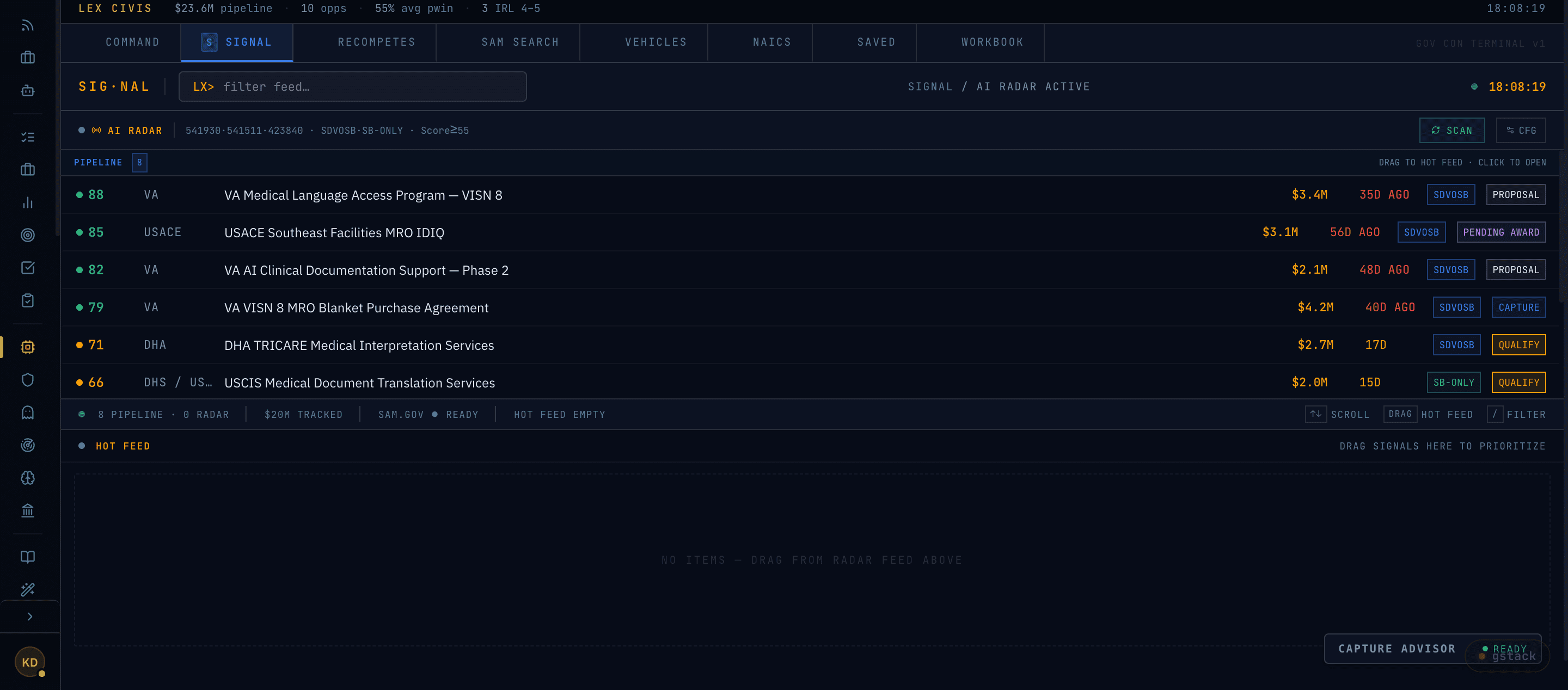 Lex Civis Intel surface — AI Radar scores every SAM.gov signal to your fit profile.